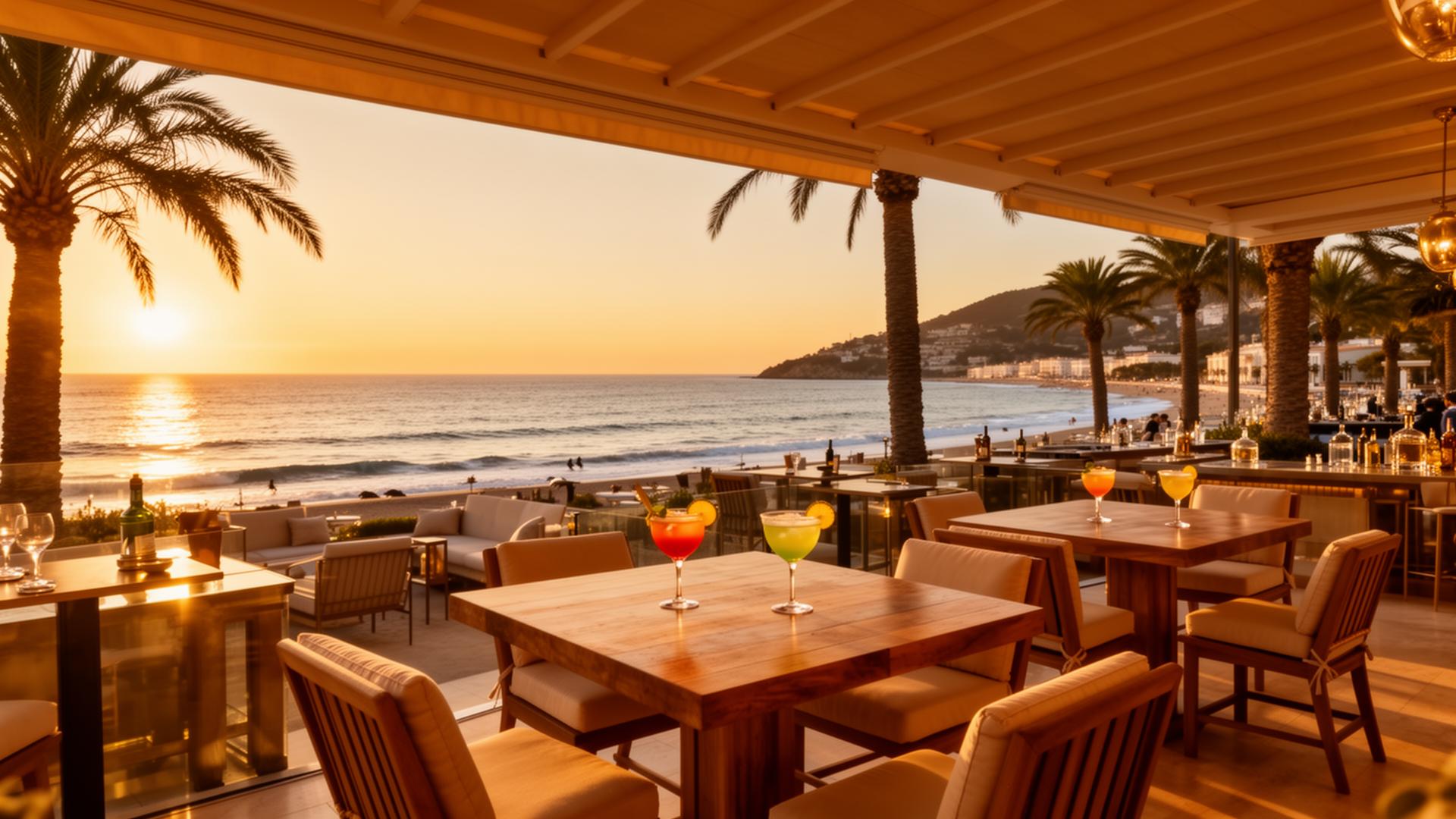 Seaside beach bar with ocean view at sunset